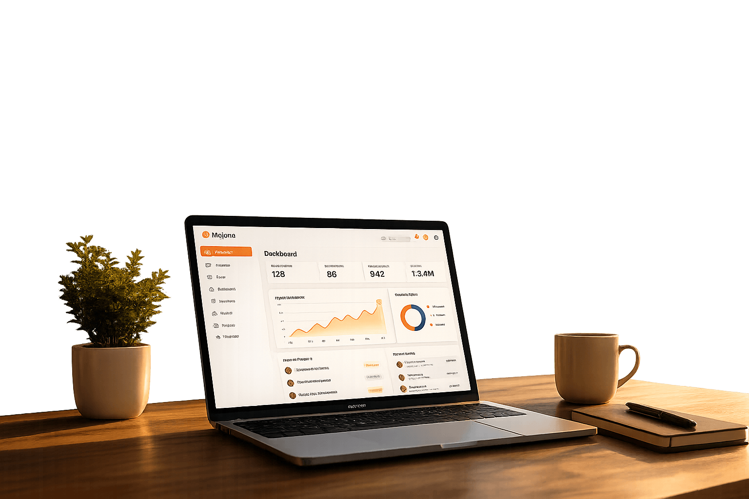 Modern workspace with Mejona-powered CRM dashboard on a laptop