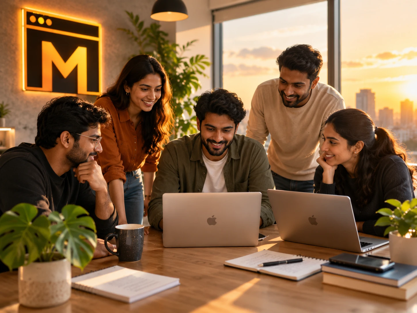 The Mejona team at a wooden desk in a warm sunlit office: three teammates working on laptops, two monitors showing code and dashboards in the background, a potted plant and white mug in the foreground, the orange Mejona M logo mounted on a soft grey wall