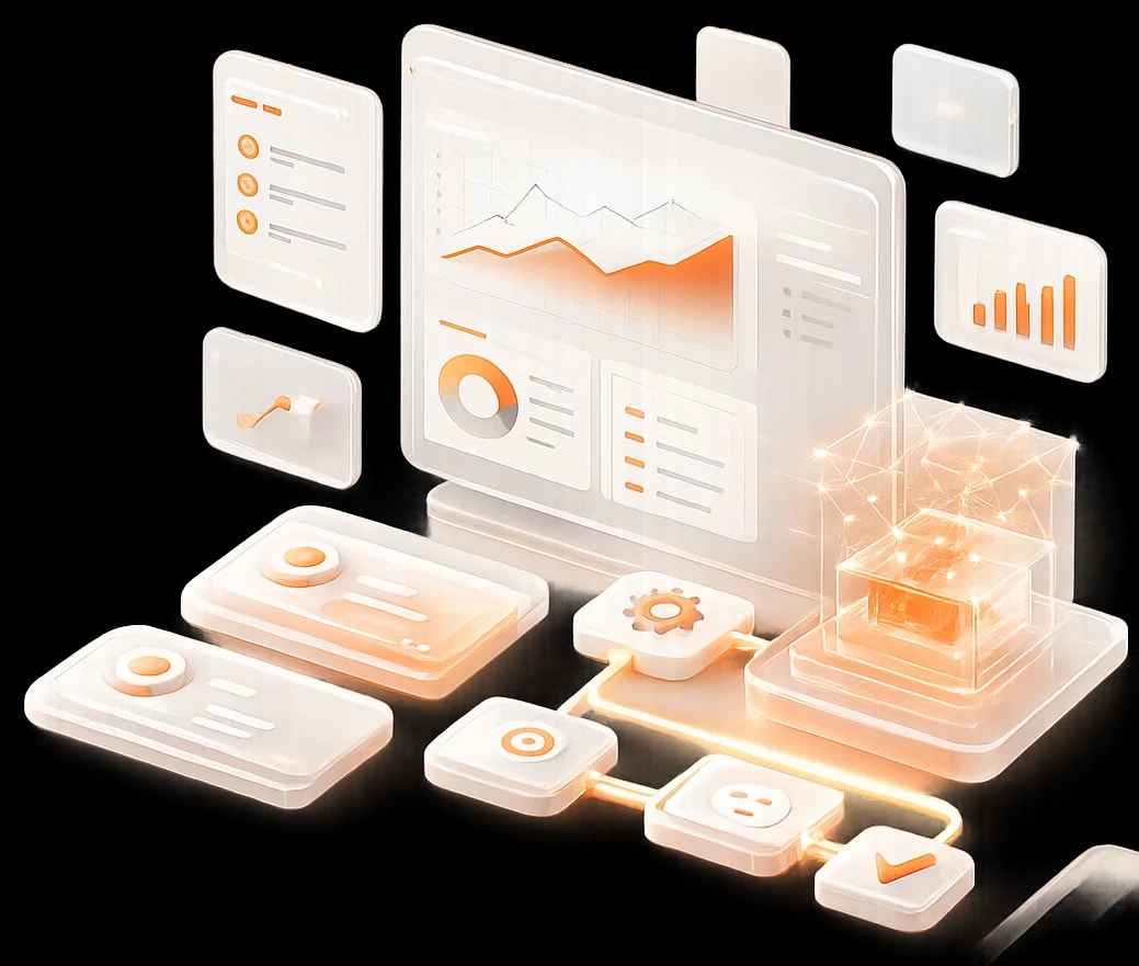3D analytics dashboard rendering the impact of a Mejona engagement: a teal line chart, an orange bar chart, and a green radial ring, each floating over a deep navy glass surface