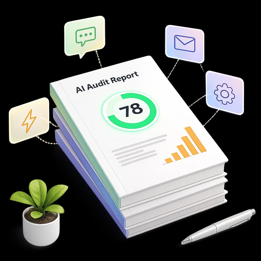 Sample AI Audit Report — 3D illustration of stacked report pages with a 78/100 score ring, savings chart, and floating AI automation icons