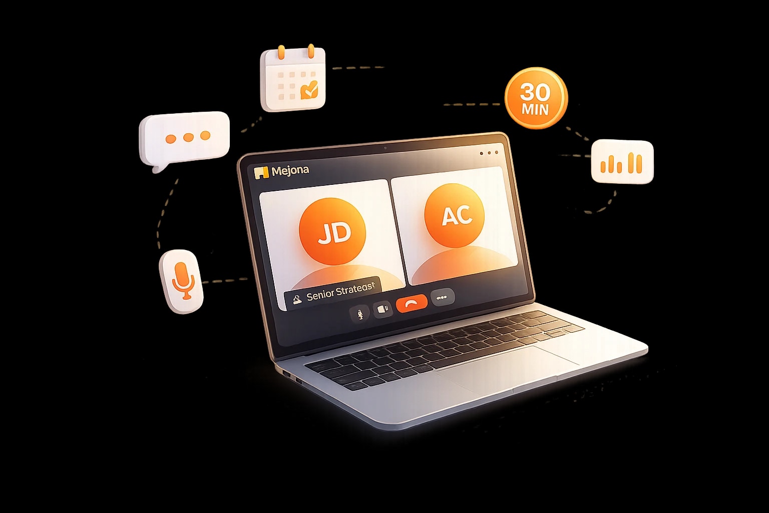 A stylized illustration of a Mejona strategy call: a laptop showing a two-person video call with a 'Senior Strategist' name plate, surrounded by floating UI elements — chat bubble, calendar, microphone, soundwave, and a 30-minute badge.