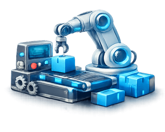 3D industrial robot arm on assembly line with packages