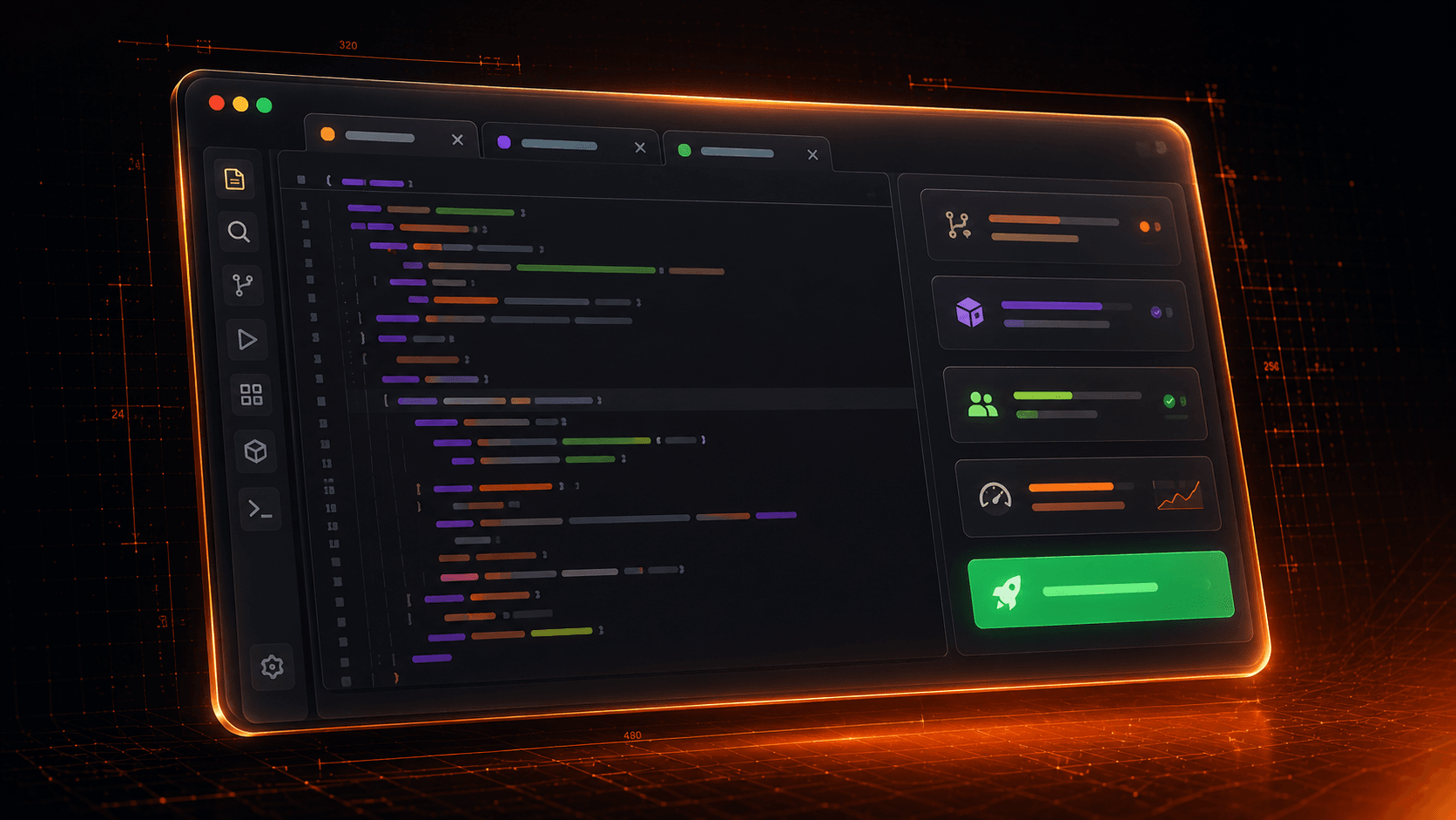 Custom Solutions code editor with syntax highlighting, project panel, and ship-ready status