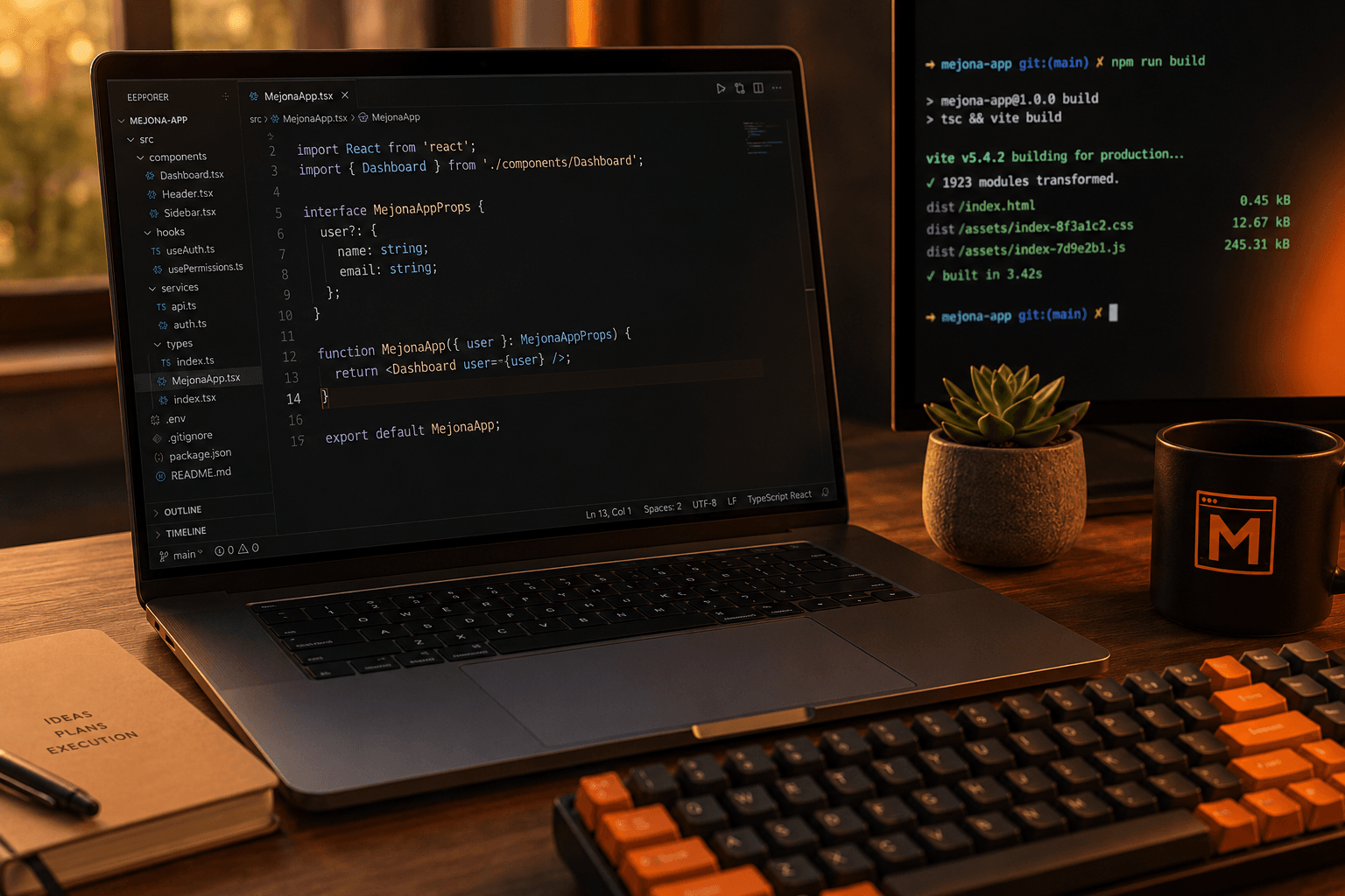 A laptop running VSCode with TypeScript React code for MejonaApp, a terminal showing a successful npm run build behind it, a mechanical keyboard with warm Mejona orange modifier keycaps