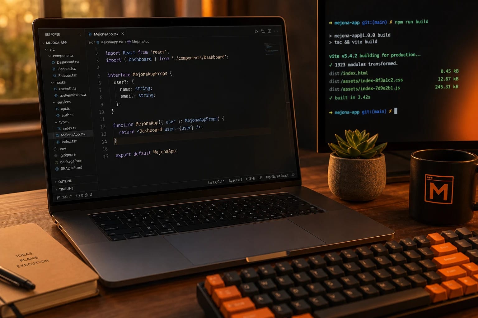 A laptop running VSCode with TypeScript React code for MejonaApp, a terminal showing a successful npm run build behind it, a mechanical keyboard with warm Mejona orange modifier keycaps