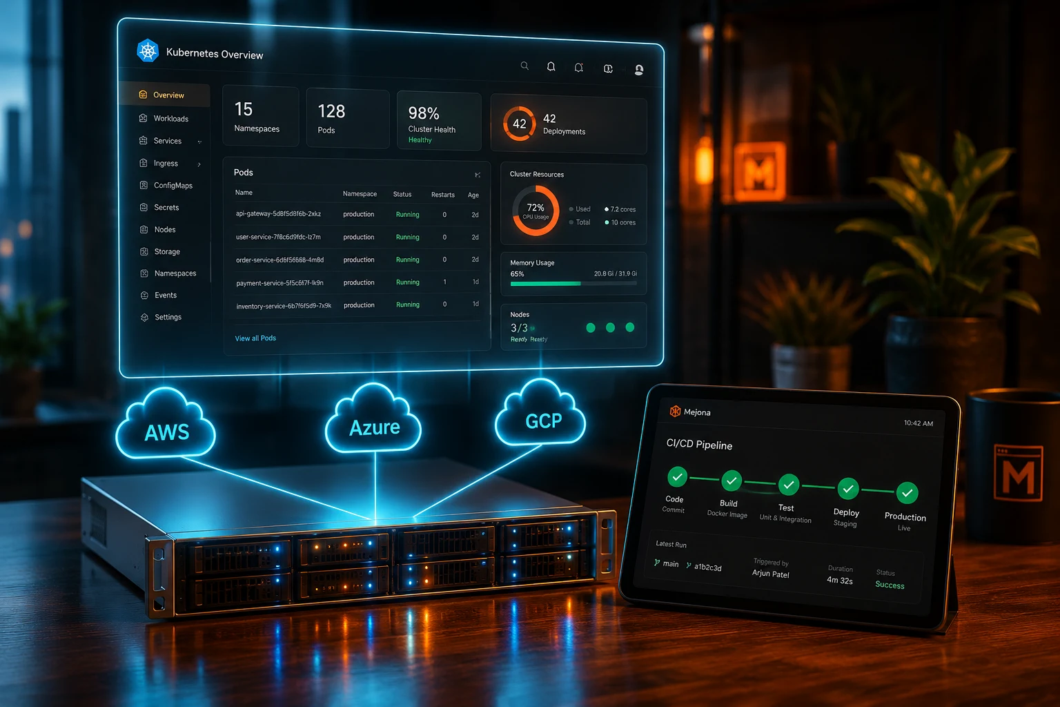 A sleek server rack with cyan LED indicators, floating cyan cloud icons for AWS, Azure and GCP connected by glowing lines, a Kubernetes Overview dashboard above, and a tablet showing a green CI/CD pipeline